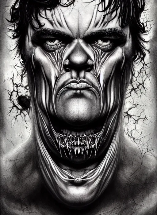 Image similar to a dream portrait jack black as god of the death, black & white, melting, webbing, 8 k, by tristan eaton, stanley artgerm, tom bagshaw, greg rutkowski, carne griffiths, ayami kojima, beksinski, giger, trending on deviantart, face enhance, hyper detailed, minimalist, horror, alien