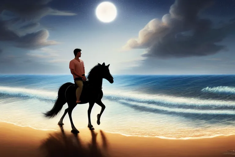 Prompt: photo of man riding a horse along the beach, glowing underwater waves toward a lighthouse in the distance guiding his way, silhouette, wide horizon, large white clouds, flying birds, night, intricate, elegant, highly detailed, digital painting, artstation, concept art, smooth, sharp focus, illustration, art by artgerm and greg rutkowski and fra angelico