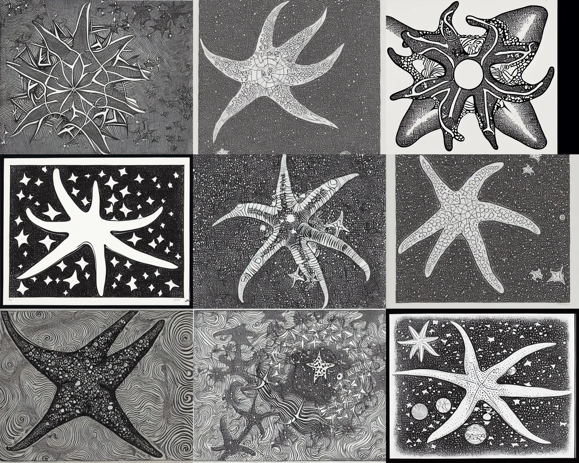 Prompt: a starfish floating in outer space, drawn by m. c. escher and damien hirst and gustav klimt. woodblock, monochrome, ink