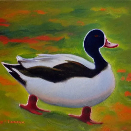 Prompt: a duck on the prowl oil painting nina tokhtaman valetova
