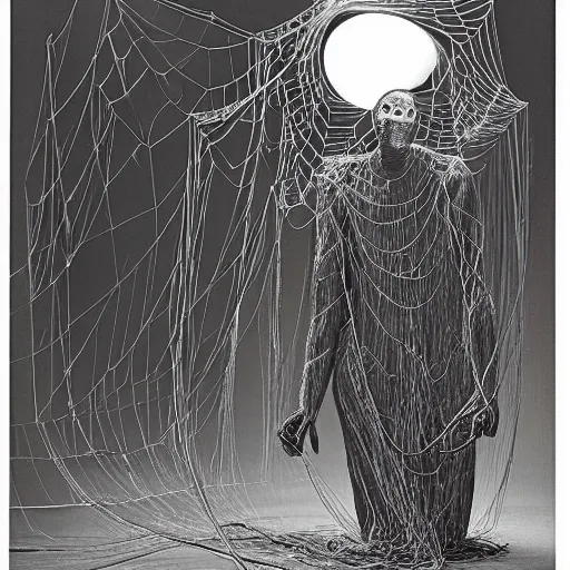 Image similar to Ghastly wires coil from a wall, forming a thick spiderweb. Thin strands of metal glisten as they stretch toward a figure in the darkness. The figure is clad in a black robe with a hood that conceals his face. The figure stares at a mannequin hanging down from one of the wires. The mannequin has the head and the torso of an ape, but no arms or legs.