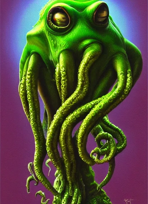 Prompt: portrait of a Cthulhu kermit the frog in Society (1989), intricate, highly detailed, centered, gradient background, digital painting, artstation, concept art, smooth, sharp focus, illustration, artgerm, donato giancola, Joseph Christian Leyendecker, WLOP, Artgerm