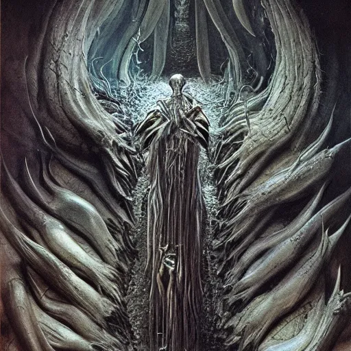Prompt: the discovery of fire by Wayne Barlowe and H R Giger