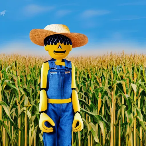 Prompt: a photo of a humanoid robot wearing a straw hat blue overalls in the corn field, photorealistic, 8 k, castle background