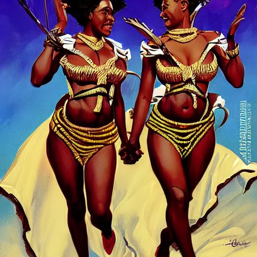 Prompt: : Zulu goddesses holding hands, fanart + digital art + art by J.C. LEYENDECKER + 4K UHD IMAGE + STUNNING QUALITY