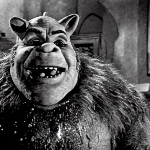 Image similar to film still of Shrek as a werewolf in The Wolf Man 1941