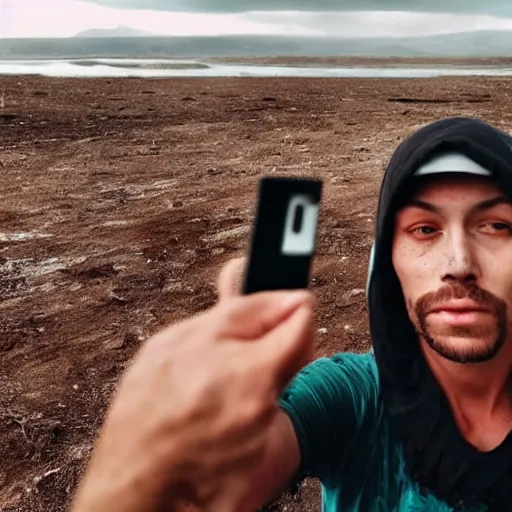 Prompt: a human taking the last selfie in existence with an apocalyptic background and horror in their eyes