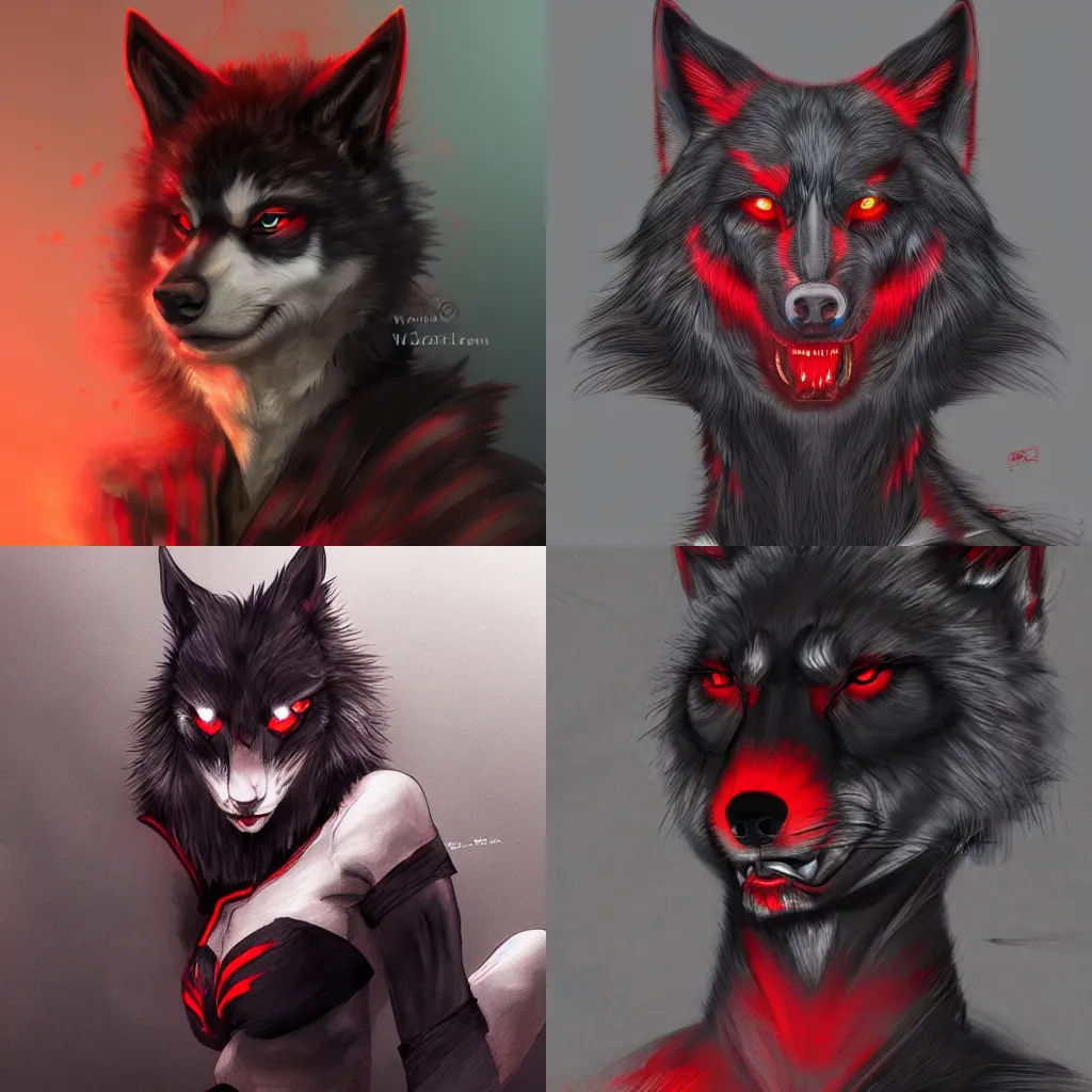 Prompt: Andromorphic Wolf Character with Red, Black Fur Striped Pattern in a menacing pose, digital drawing, trending on art station, by wlop