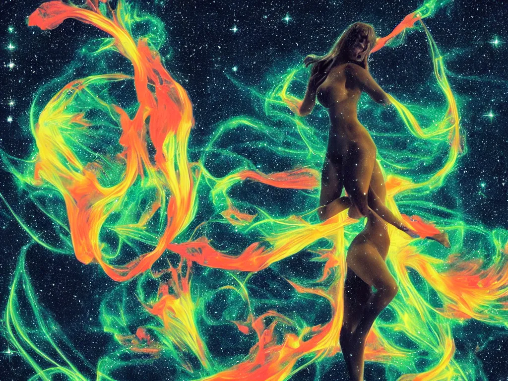 Prompt: a stunning render of a beautiful woman dancing and squirting fluorescent liquid in the cosmos, by Kawase HasuiI