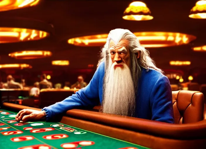 Prompt: film still of gandalf gambling in a casino in new pixar movie, 8 k