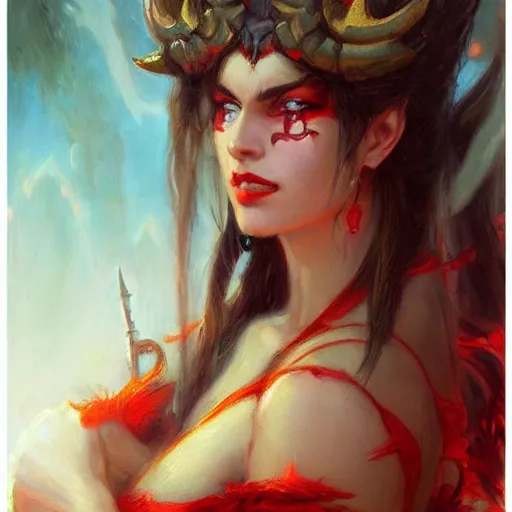 Image similar to attractive demon queen with red eyes painting by gaston bussiere and inspired by luis rollo, portrait, digital painting, highly detailed, artstation, sharp focus, illustration, concept art, hd