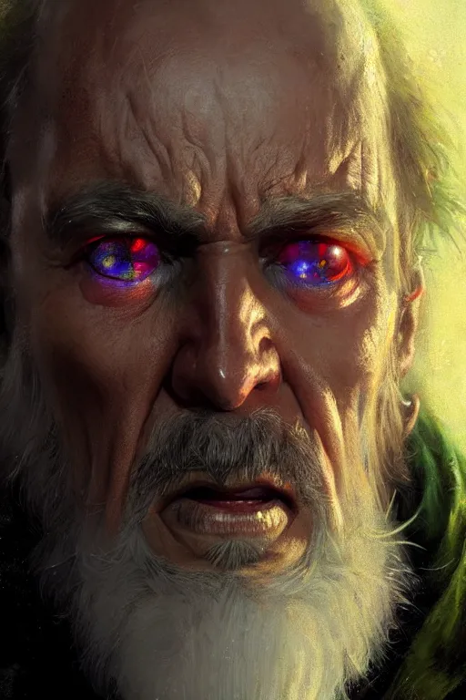 Prompt: an evil old wizard eating rainbow colored penguins, extreme close up insane face portrait dnd, painting by gaston bussiere, craig mullins, greg rutkowski, yoji shinkawa