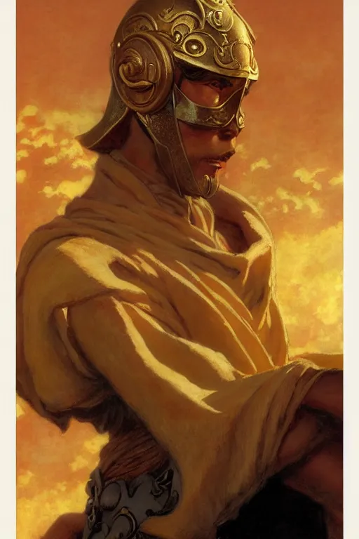 Image similar to tales of earthsea, attractive male with golden mask, character design, painting by gaston bussiere, craig mullins, j. c. leyendecker, tom of finland