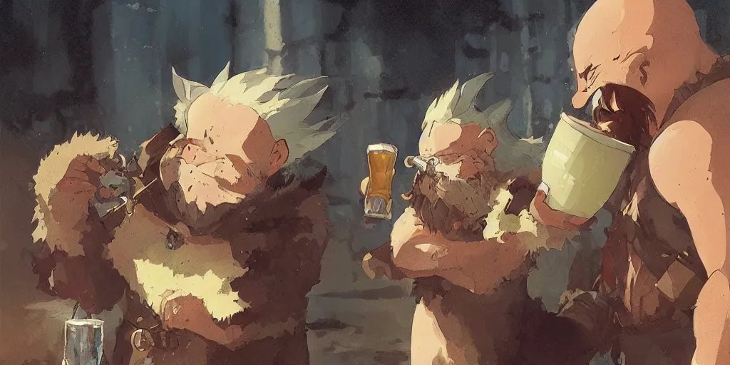 Image similar to a dwarf and his small pet dragon drinking a beer together | sharp contrast | by greg rutkowski makoto shinkai takashi takeuchi studio ghibli