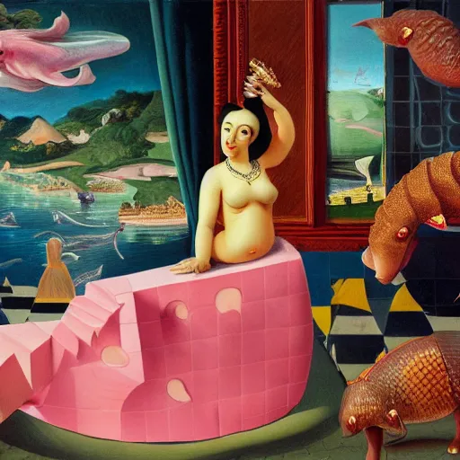 Prompt: a highly detailed oil painting of a pink dolphin queen and a pangolin king ruling a cheese kingdom where everything is made from different types of cheese, surreal, 4 k, trending on art station, in the style of dali, boch, matisse caravaggio, comical