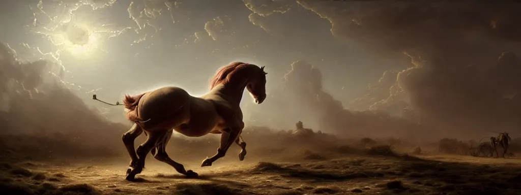 Image similar to an enormously muscular horse pulling a minuscule plough, baroque painting, beautiful intricate insanely detailed octane render, unreal engine 5, trending on artstation, 8 k artistic photography, photorealistic, soft natural volumetric cinematic perfect light, chiaroscuro, masterpiece, raphael, caravaggio, greg rutkowski, beeple, beksinski, giger