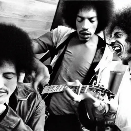 Image similar to bob dylan playing with jimi hendrix, photograph