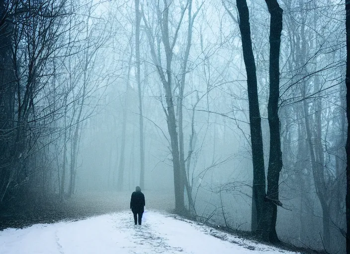 Image similar to a 3 5 mm photo from the back of a senior citizen walking in the misty snowy woods, splash art, movie still, bokeh, canon 5 0 mm, cinematic lighting, dramatic, film, photography, cold blue light, depth of field, award - winning, anamorphic lens flare, 8 k, hyper detailed, 3 5 mm film grain