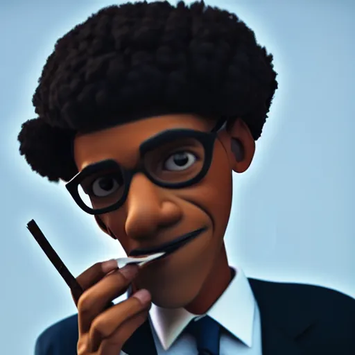 Prompt: hipster barrack obama smoking a joint, pixar artstyle, wide shot, dramatic lighting, octane render, hyperrealistic, high quality, HD, cinematic