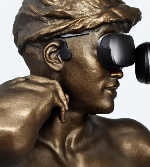 Image similar to a 4 k photorealistic photo medium shot of a bronze statue of a man wearing a vr headset on his head.