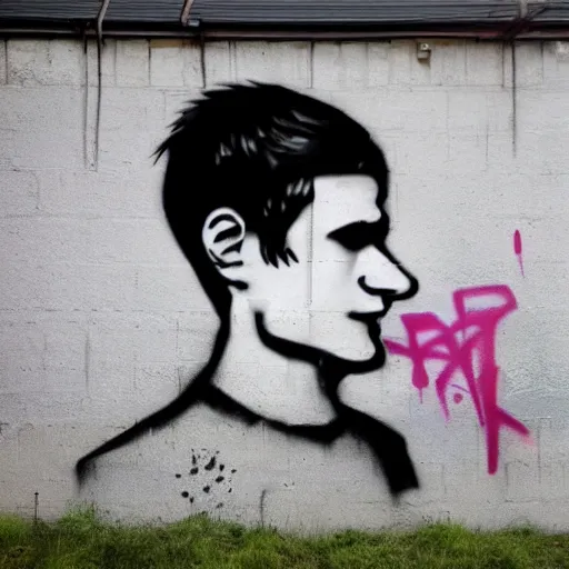 Prompt: spray paint graffiti of vitalik buterin Ethereum on walls in the style of banksy