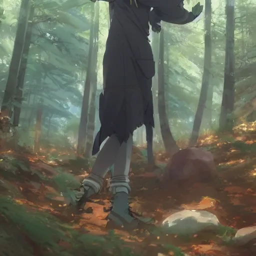 Image similar to anime character in the woods, hyperrealistic, trending on pixiv fanbox, painted by greg rutkowski makoto shinkai takashi takeuchi studio ghibli, akihiko yoshida