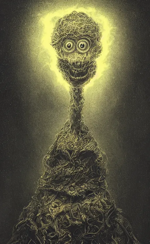 Image similar to portrait of lovecraftian elmo, surrounded by beams of light dark background by wayne barlow, stanley donwood, anton semenov, zdzislaw bekinski, hr giger, 8 k, fantasy, dark, highly detailed