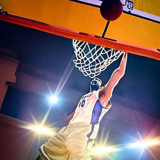 Image similar to film still of a llama in a jersey dunking a basketball, low angle, show from below, tilted frame, 3 5 °, dutch angle, extreme long shot, high detail, indoors, dramatic backlighting.