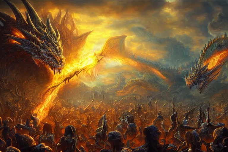 Image similar to ultra realist soft painting of a thousand warriors facing a single gigantic dragon breathing fire, very intricate details, golden ratio, volumetric rainbow lighting, reflections, refractions, symmetry accurate anatomy features, fantasy war scene background, unreal render, Boris Vallejo artstyle