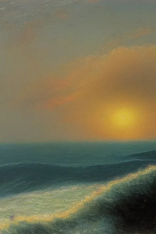 Image similar to very detailed seascape with big waves and sunset painted with oil paints in the style of Kuindzhi