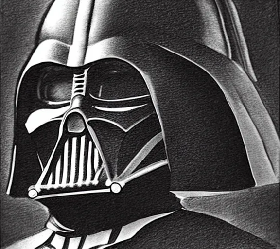 Image similar to beautiful pencil sketch portrait of Darth Vader by Vincent van Gogh; realistic-lighting