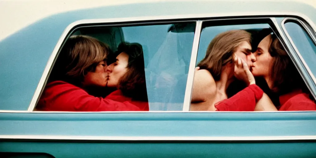 Prompt: 1 9 7 0 s car window closeup, couple kissing in the back seat, coloured film photography, elliott erwitt photography