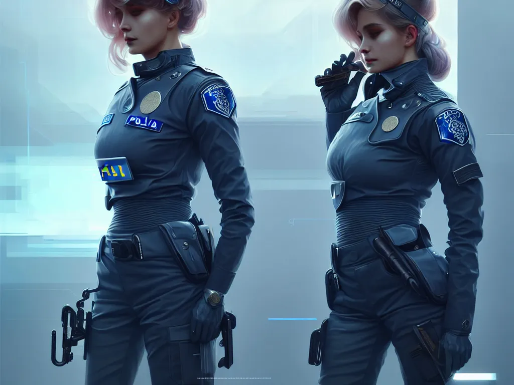 Image similar to portrait futuristic sweden police uniform female, at future neon light rooftop, ssci - fi and fantasy, intricate and very very beautiful and elegant, highly detailed, digital painting, artstation, concept art, smooth and sharp focus, illustration, art by tan zi and ayanamikodon and alphonse mucha and wlop