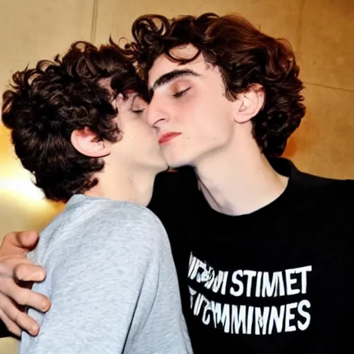 Image similar to timothee chalamet wearing a timothee chalamet tshirt while kissing timothee chalamet