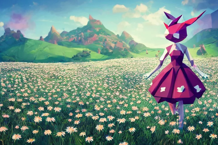 Prompt: ( ( low poly ) ) playstation running ( ( anthropomorphic ) ) ( ( lurantis ) ) maid wearing a hat ( standing ) in a ( field of daisies ), mount coronet in the distance digital illustration by ruan jia on artstation