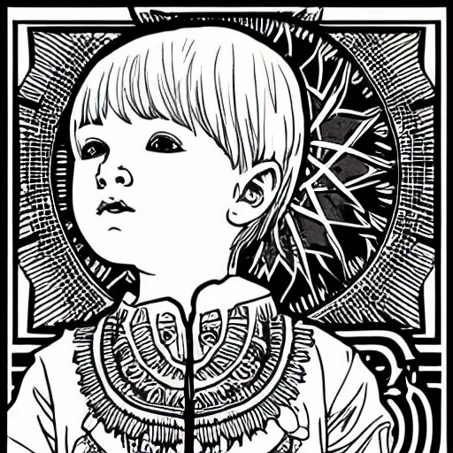 Image similar to clean simple line art of a little boy with short hair. no background. plain white background. well composed, clean coloring book page, beautiful detailed face. coloring book line art by greg rutkowski and johanna basford and alphonse mucha