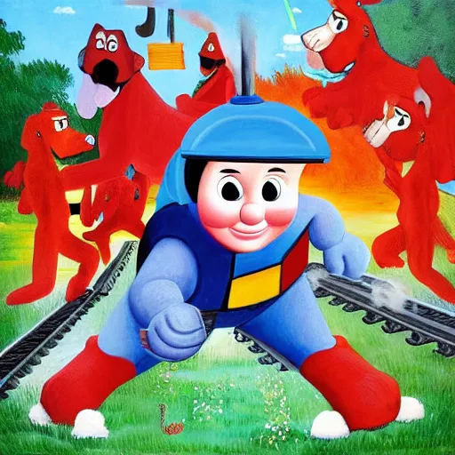 Prompt: thomas the tank engine, melee combat, fighting, clifford the big red dog, in the style of mythical paintings