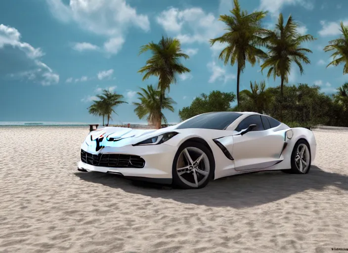 Image similar to hyperrealism, detailed textures, photorealistic 3 d render, a dreamy beach in cuba, a photorealistic 2 0 3 9 corvette stingray concept care with a blazing pearl white colour scheme, sharp focus, ultra realistic, ultra high pixel detail, cinematic, intricate, cinematic light, concept art, illustration, art station, unreal engine 8 k