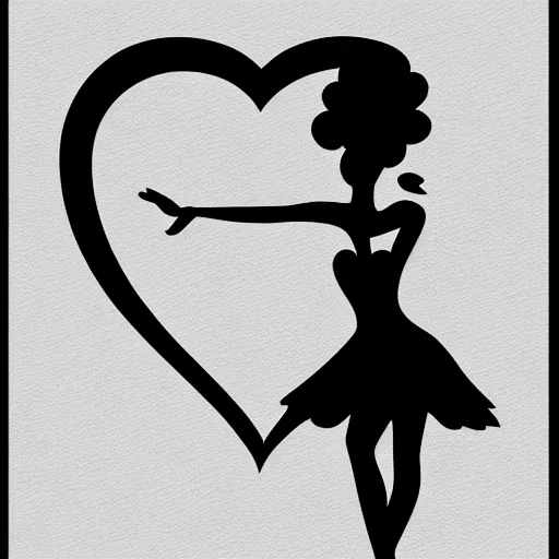 Image similar to clean black and white print on white paper, high contrast, logo of a symmetric heart with a stylized dancer silhouette inside