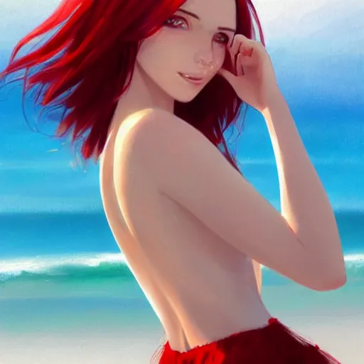 Image similar to beautiful woman with red hair in white sundress on the beach, perfect face, perfect body, eye contact, flirting, smiling, drawn by greg rutkowski