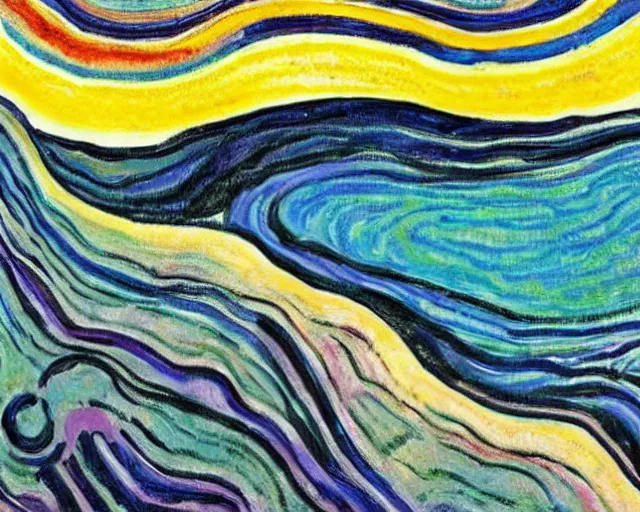 Image similar to Ocean waves in a psychedelic dream world. DMT. Curving rivers. Craggy mountains. Landscape painting by Edvard Munch. David Hockney. Wayne Thiebaud.