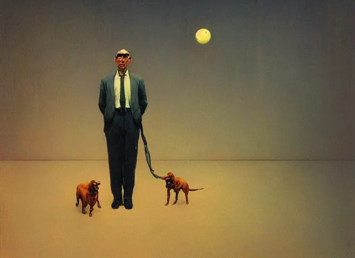 Image similar to portrait of a man and his dog, highly detailed, science fiction, Edward Hopper and James Gilleard, Zdzislaw Beksinski highly detailed