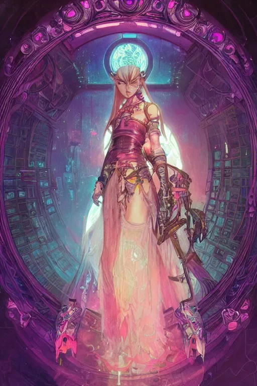 Image similar to Cyberpunk Princess Zelda, magical, flower, bright neon highlights, detailed intricate ink illustration, dark atmosphere, detailed illustration, hd, 4k, digital art, overdetailed art, concept art, by greg rutkowski, by Alfons Mucha, complementing colors, Trending on artstation, deviantart