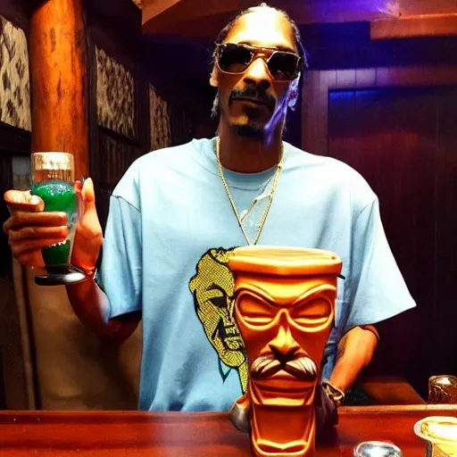 Image similar to snoop dogg at trader vic's bar holding a tiki mug with his face on it