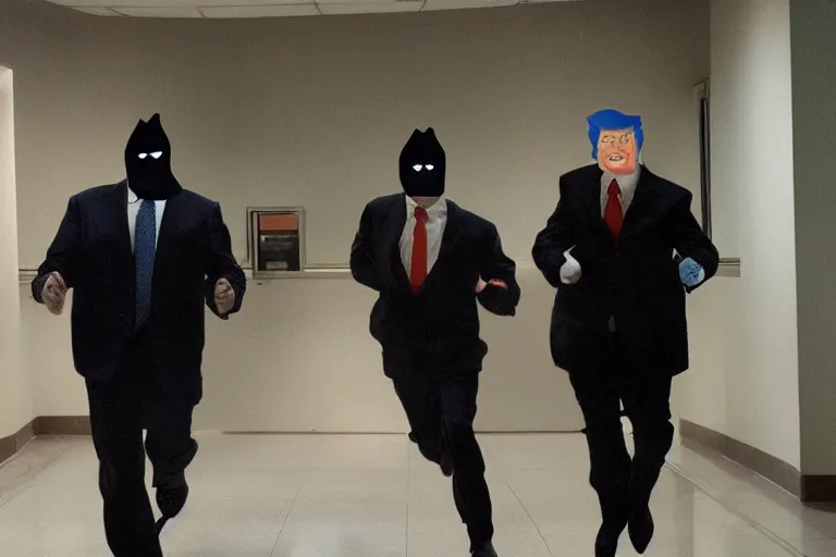 Image similar to dramatic cinematic bank robbers running out of bank wearing trump masks by Roger Deakins