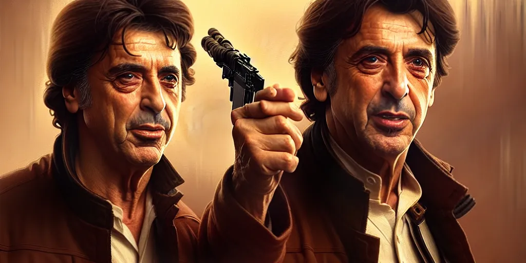 Image similar to al pacino as han solo, cinematic, highly detailed, digital painting, artstation, concept art, matte, sharp focus, illustration, art by artgerm and greg rutkowski and alphonse mucha