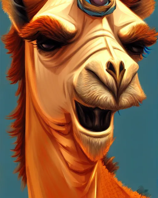 Prompt: digital art, fantasy portrait of a camel smiling, by james jean, by ross tran, ultra detailed, character design, concept art, trending on artstation,
