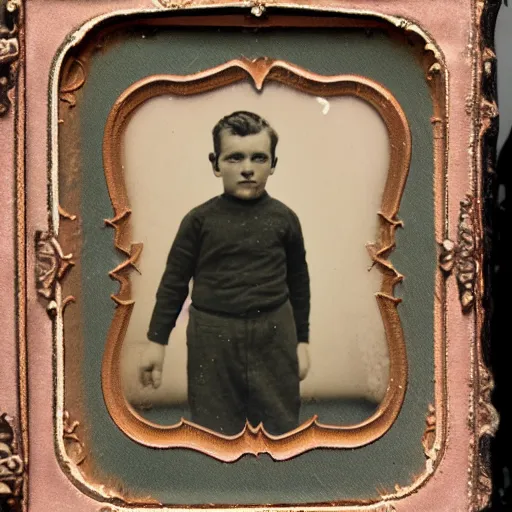 Prompt: tintype photo, boy with arms for legs