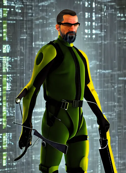 Prompt: gordon freeman in the matrix, professionally color graded, hazard suit, interesting angle, professional photography, sharp focus, 8 k high definition, insanely detailed