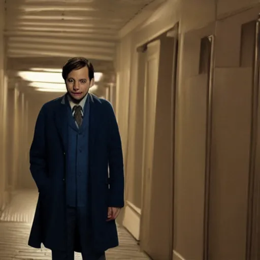 Image similar to tobey maguire as a man with a scruffy beard in a dark blue trenchcoat as the new doctor who, cinematic, volumetric lighting, f 8 aperture, cinematic eastman 5 3 8 4 film, photorealistic